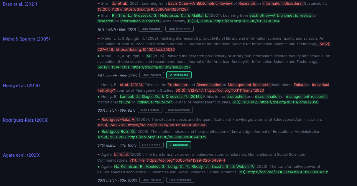 Diffs of corrected references