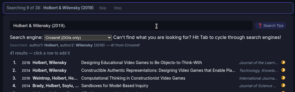 Holbert & Wilensky (2019) via Crossref — 41 results, correct papers present
